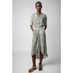 Zadig & Voltaire Rima Skull-Floral Print Hi-Low Midi Shirt Dress Kaki Womens XS